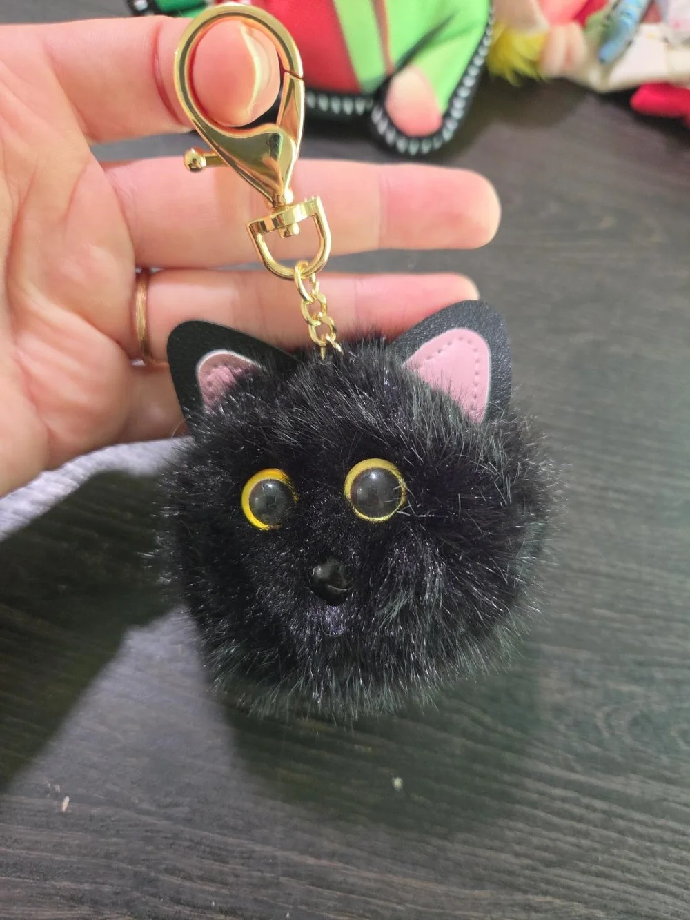 Black Cat Pom-Pom Keychain with Gold Clip